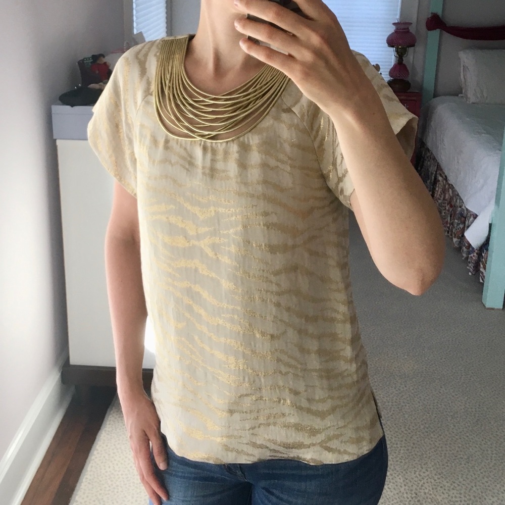 3.1 Phillip Lim Silk Metallic Blouse Gold Necklace Sheen Embellished Metallic M